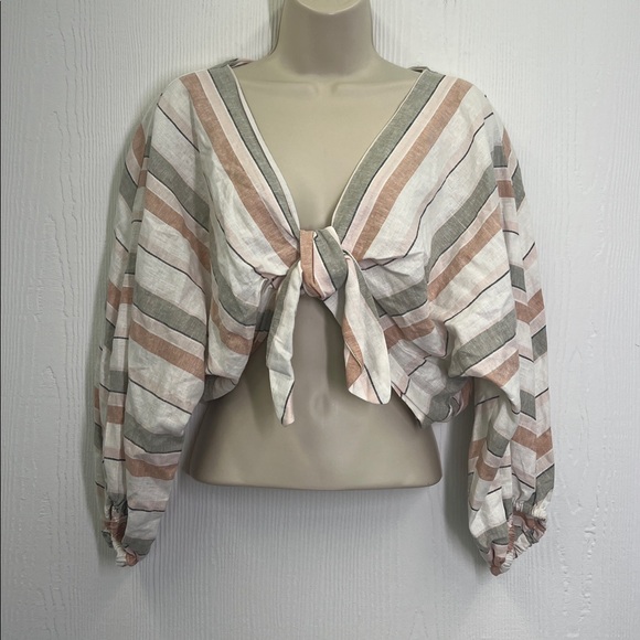 Zara - Striped Colorful Linen Blend Long Sleeve Crop Tie Blouse Size Medium - Picture 2 of 8
